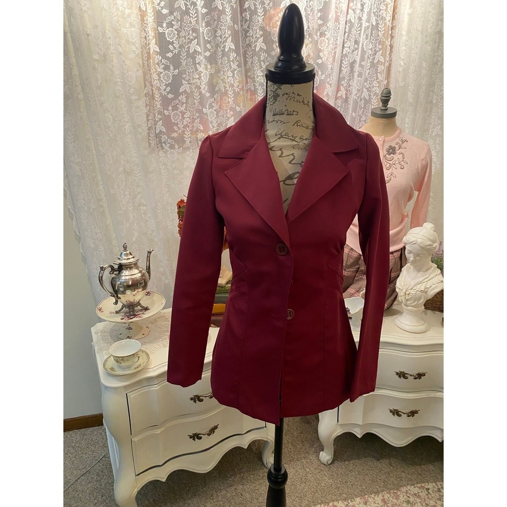 Burgundy Tailored Blazer Jacket Single Breasted Geometric Stitching Maroon Small